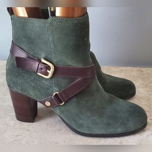 Green Suede Ankle Boots with Brown Strap